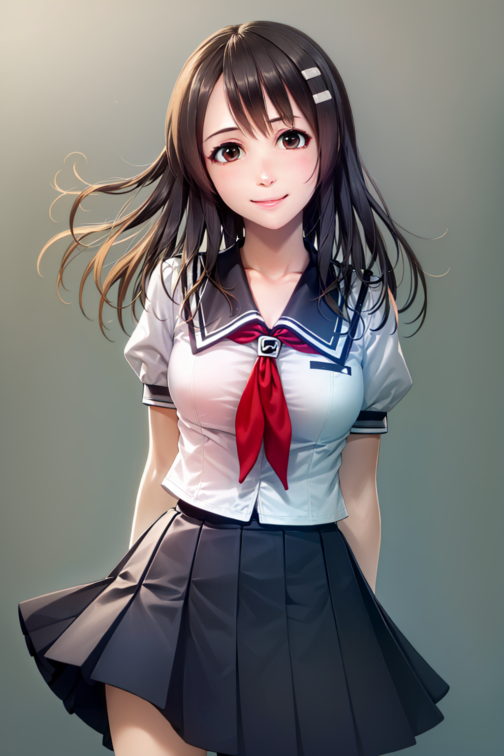 00240-1663466980-(masterpiece, best quality_1.2), , cowboy shot, solo, 1girl, niimi haruka, smile, looking at viewer, arms behind back, hairclip,.png